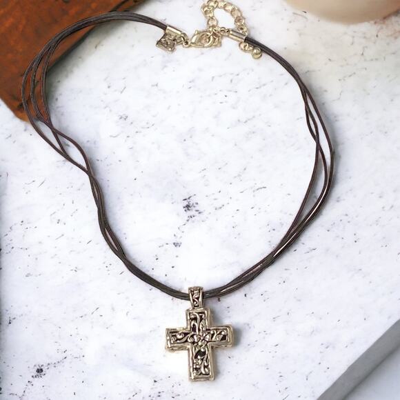 Cookie Lee Reversible Abalone silver Cross Necklace Leather Corded - Picture 1 of 9